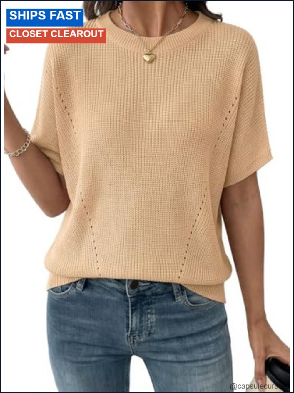 Women's Short Sleeve Rib-Knit V Neck Pullover Sweater, Lightweight Loose Fit